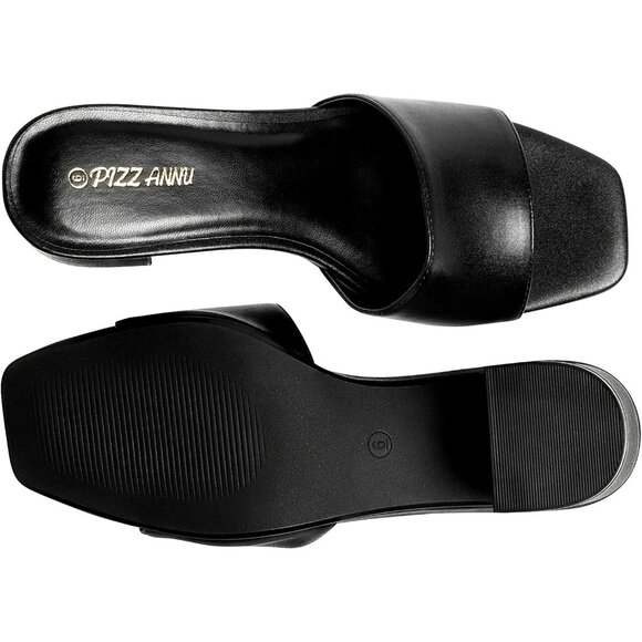 Women's Low Chunky Block Square Open Toe Black Heeled Sandal Slip on Mules Shoes - Picture 5 of 5